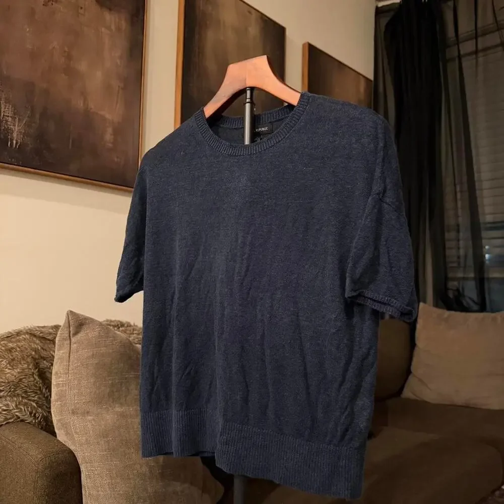 Vintage Banana Republic Linen Navy Oversized Short Sleeve Knit Top Size S/M